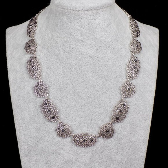 Vintage Crown Trifari Necklace Art Deco Style Textured Filigree Stones 15" +2" - Picture 1 of 11